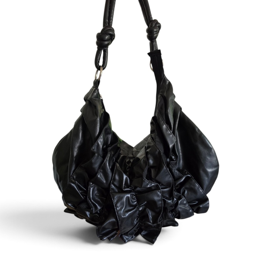 Large Black Faux Leather Ruffle Shoulder Bag Y2K Slouchy Purse